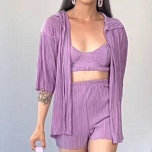 Boohoo Lilac Purple Plisse 3-Piece Set: Button-Up Shirt, Shorts & Cropped Top
